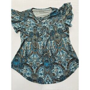 Blue Paisley Lattice Neck Flutter Sleeve Boho Tunic Top - XXL Plus Size
